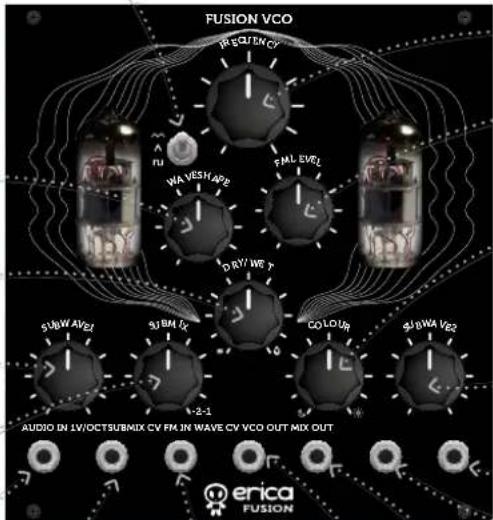 FUSION VCO FREQUENCY FU NA VESHARE FML EVEL DRY WE T SUBWAVE2 SUBM IV COLOUR SUBMA V82 AUDIO IN LV/OCTSUBMIX CV FM IN WAVE CV VCO OUT MIX OUT ERICA FUSION