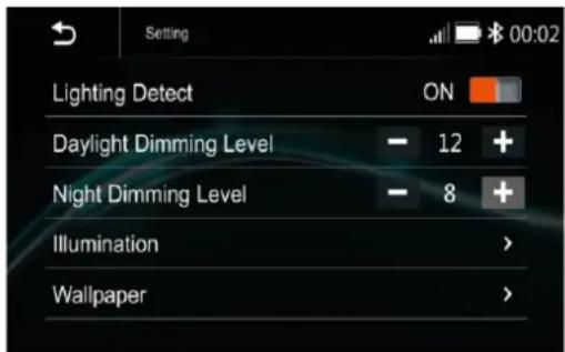 Setting 00:02 Lighting Detect ON Daylight Dimming Level - 12 + Night Dimming Level - 8 + Illumination > Wallpaper >