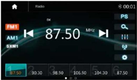 Radio FM1 AM1 SXM1 87.50 MHz PS OFF 1 87.50 90.30 98.50 106.50 104.30 87.50 00:01