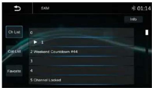 SXM 01:14 Info Ch List 0 ▶ 1 Cat List 2 Weekend Countdown #44 3 Favorite 4 5 Channel Locked