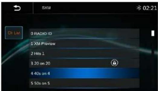 SXM 02:21 Ch List 0 RADIO ID 1 XM Preview 2 Hits 1 3.20 on 20 4 40s on 4 5 50s on 5