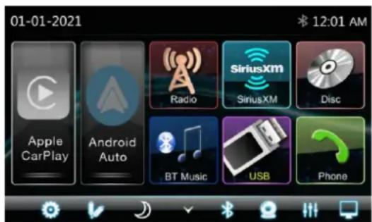 01-01-2021 Apple CarPlay Android Auto Radio SiriusXM SiriusXM Disc BT Music USB Phone 书 12:01 AM