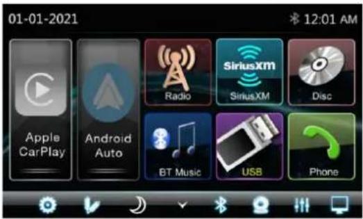 01-01-2021 12:01 AM Apple CarPlay Android Auto Radio SiriusXM SiriusXM Disc BT Music USB Phone