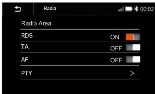 Radio Radio Area RDS ON TA OFF AF OFF PTY >