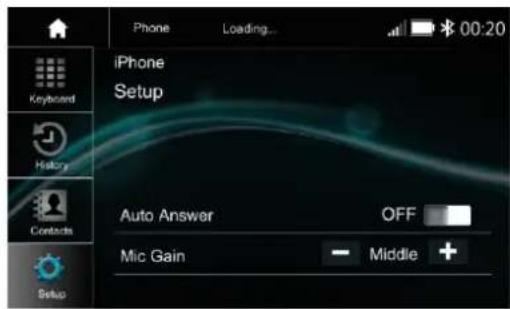 Phone Loading... iPhone Setup Keyboard History Contacts Setup Auto Answer OFF Mic Gain Middle +