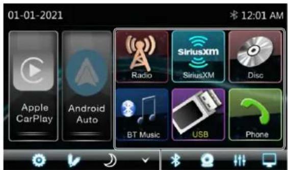 01-01-2021 Apple CarPlay Android Auto Radio SiriusXM SiriusXM Disc BT Music USB Phone 12:01 AM