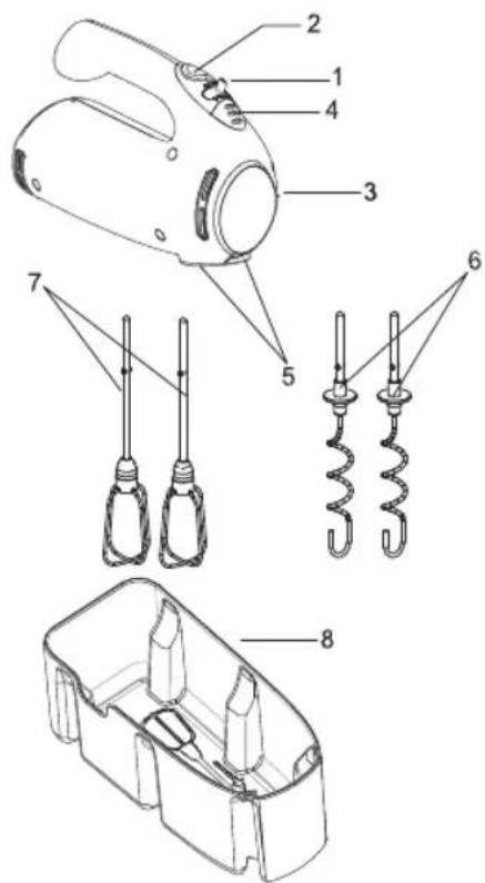 Technical diagram of an electric shaver with labeled parts including handle, spring, and housing