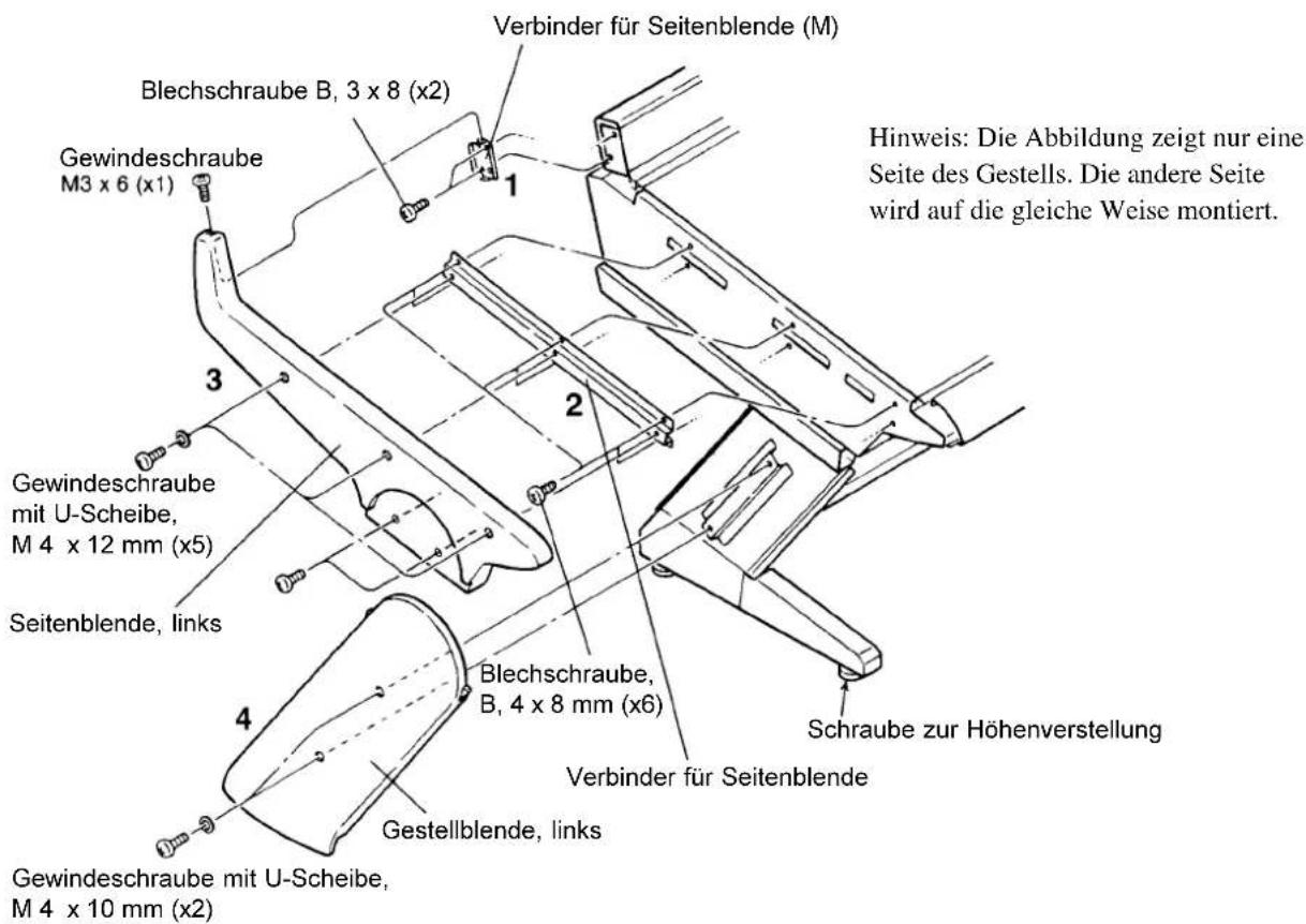 Verbinder für Seitenblende (M) Blechschraube B, 3 x 8 (x2) Gewindeschraube M3 x 6 (x1) 1 Hinweis: Die Abbildung zeigt nur eine Seite des Gestells. Die andere Seite wird auf die gleiche Weise montiert. Gewindeschraube mit U-Scheibe, M 4 x 12 mm (x5) 2 Seitenblende, links 4 Blechschraube, B, 4 x 8 mm (x6) Verbinder für Seitenblende Schraube zur Höhenverstellung Gestellblende, links Gewindeschraube mit U-Scheibe, M 4 x 10 mm (x2)