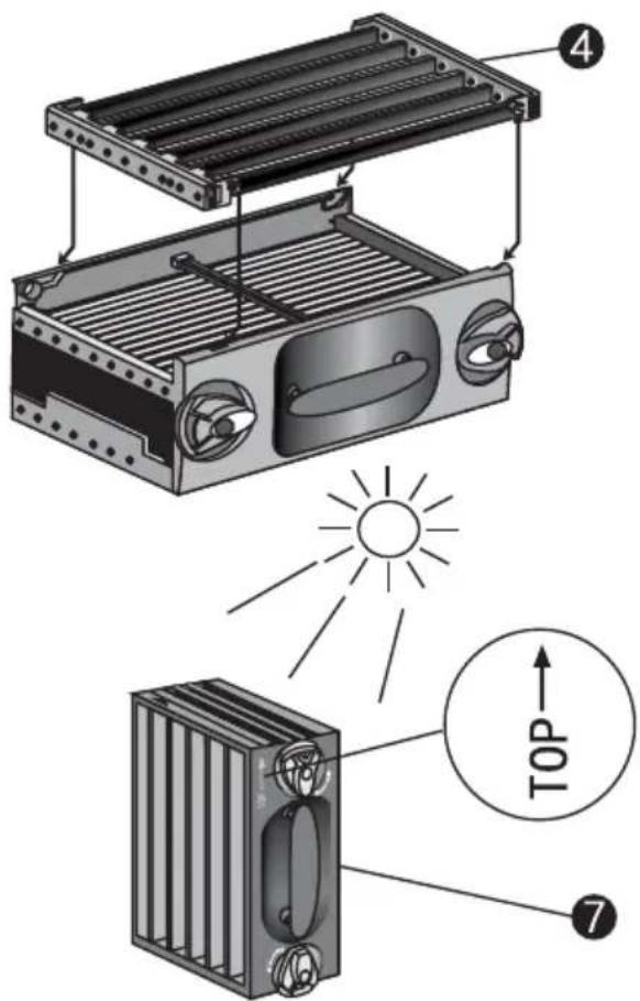 Technical diagram of a solar heating unit with labeled components and a sun source indicator.