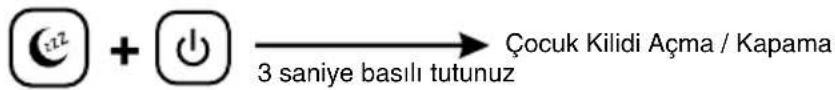 €12 + ⏻ → Çocuk Kilidi Açma / Kapama 3 saniye basılı tutunuz