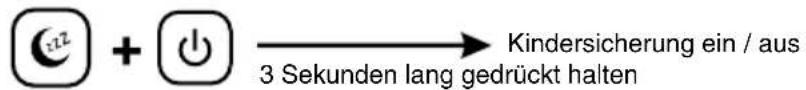 x2 + ⏻ → Kindersicherung ein / aus 3 Sekunden lang gedrückt halten