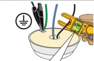 Illustration showing a hand using a power tool to test electrical wiring with wires and a bowl of noodles, accompanied by a grounding symbol.