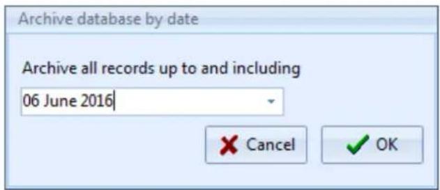 Archive database by date Archive all records up to and including 06 June 2016 Cancel OK