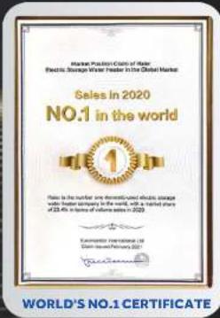 Market Position Clots of Water Electric Storage Water Heater in the Global Market Sales In 2020 NO.1 in the world 1 Notes to the market are thermally insulated electric storage water heater company in the world, with a noted share of 23.4% of shares of volume sales in 2020. ExxonMobil International (SM) China Shenhua Primary 2021 WORLD'S NO.1 CERTIFICATE