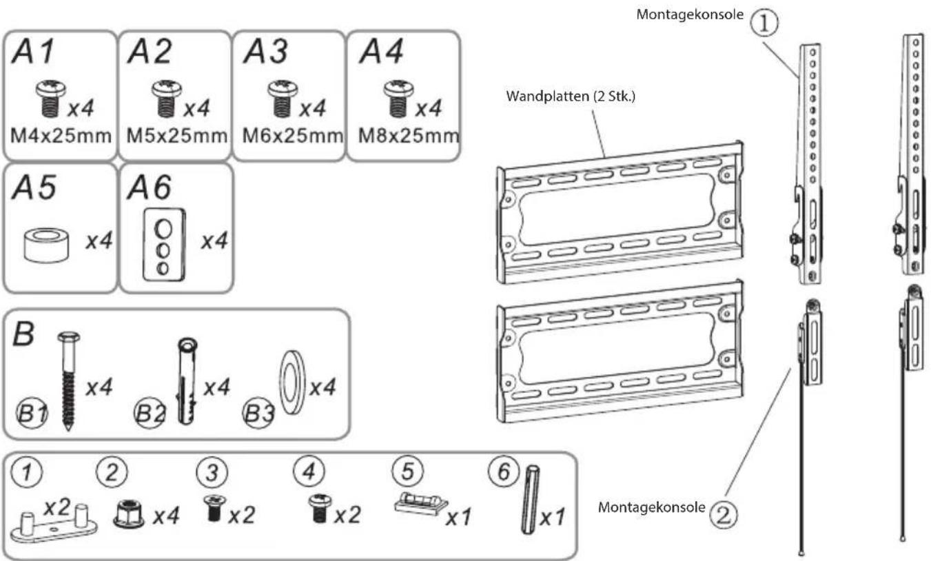 A1 x4 M4x25mm A2 x4 M5x25mm A3 x4 M6x25mm A4 x4 M8x25mm A5 x4 A6 x4 B x4 B1 B2 x4 B3 x4 ① ② ③ ④ ⑤ ⑥ x2 x4 x2 x2 x1 x1 Montagekonsole Wandplatten (2 Stk.) Montagekonsole ① ②