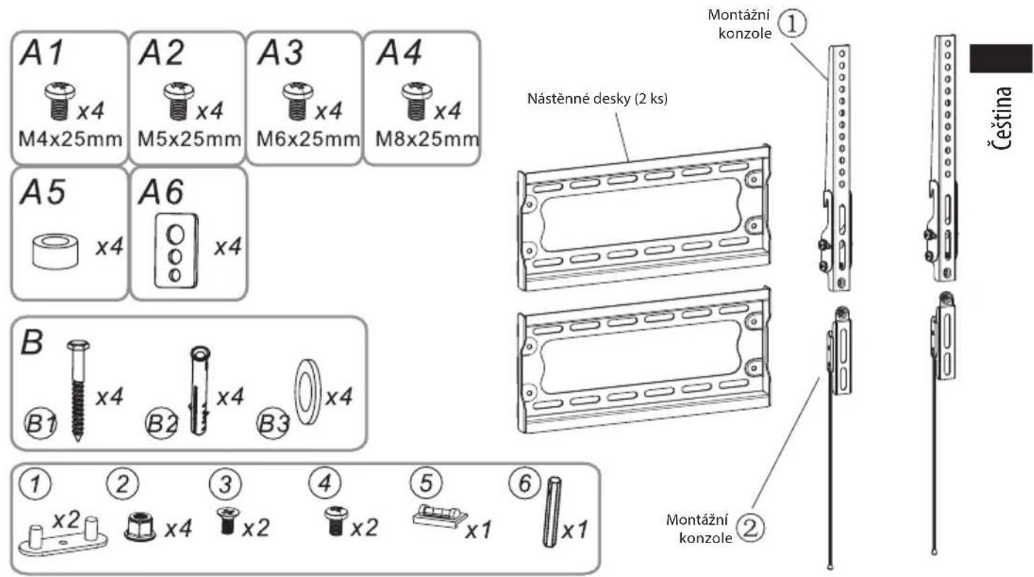 A1 x4 M4x25mm A2 x4 M5x25mm A3 x4 M6x25mm A4 x4 M8x25mm A5 x4 A6 x4 B x4 B1 B2 x4 B3 x4 ① ② ③ ④ ⑤ ⑥ Montážní konzole ① Nástěnné desky (2 ks) Češťina Montážní konzole ②