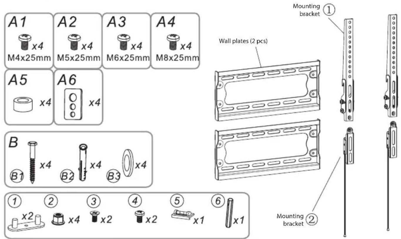 A1 x4 M4x25mm A2 x4 M5x25mm A3 x4 M6x25mm A4 x4 M8x25mm A5 x4 A6 x4 B x4 B1 x4 B2 x4 B3 x4 ① ② ③ ④ ⑤ ⑥ x2 x4 x2 x2 x1 x1 Mounting bracket ① Wall plates (2 pcs) Mounting bracket ②