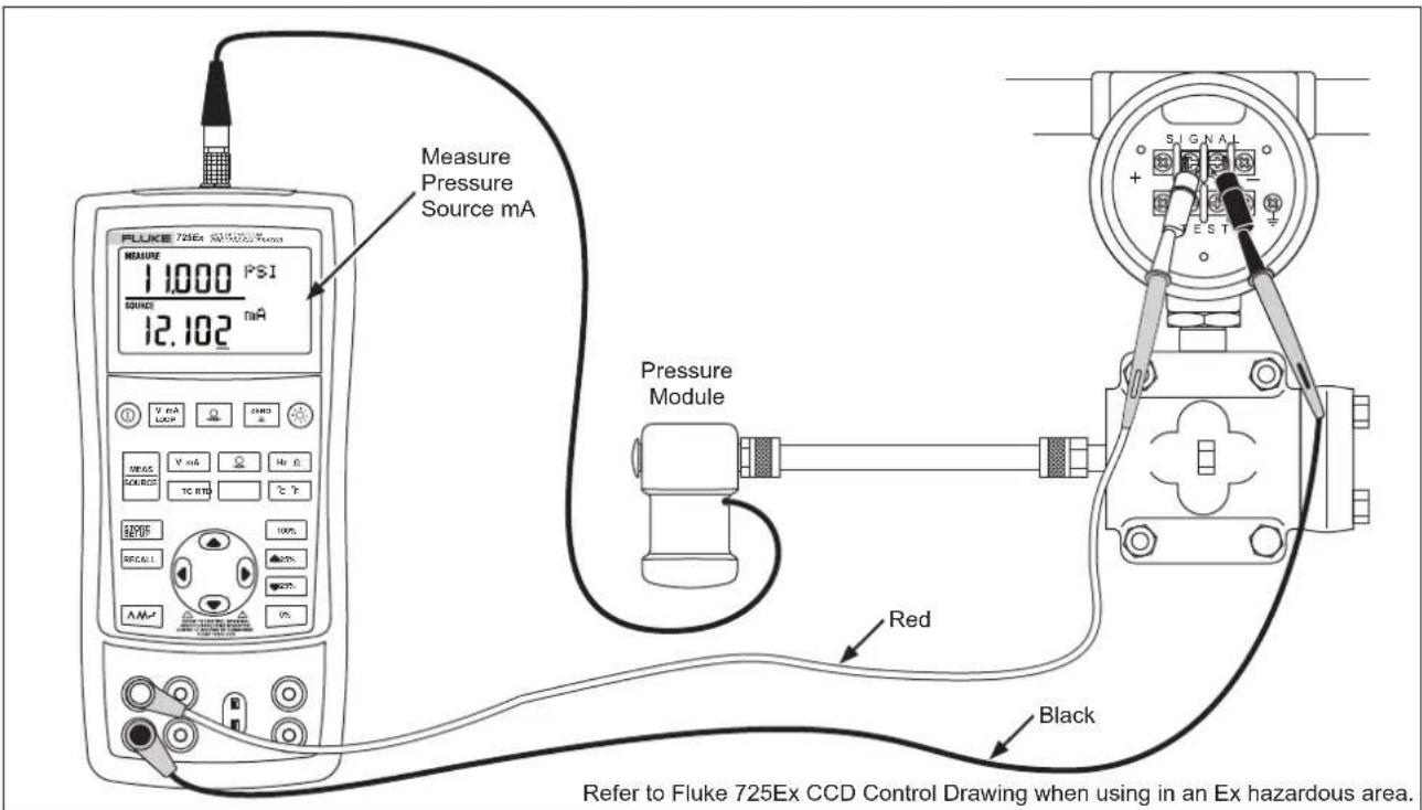 Measure Pressure Source mA 1.000 PSI SOURCE 12.102 mA FLUKE 725Ex SMC/CCD Control MEASURE V mA LAMP ZMRS INRAS V mA Hz R: SOURCE TC RTD C T: 400F SECAL1 20% 20% AMr V3 Pressure Module Red Black Refer to Fluke 725Ex CCD Control Drawing when using in an Ex hazardous area.