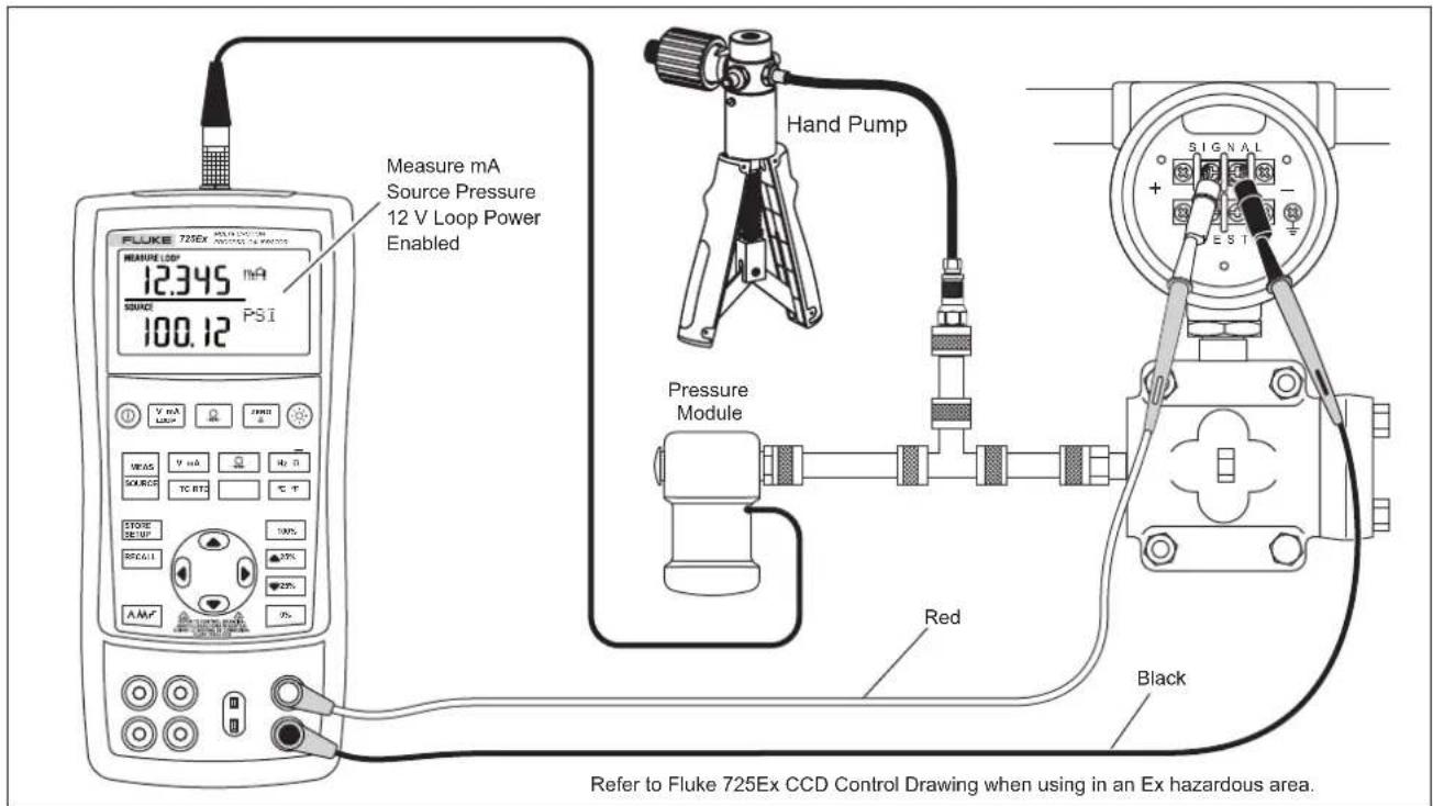 Measure mA Source Pressure 12 V Loop Power Enabled FLUKE 725Ex MEASURE LOOP 12.345 mA SOURCE PSI 100.12 V mA LOOP V mA SOURCE TC RTC STORE DESUP SCALE AM PSI Hand Pump Pressure Module Red Black Refer to Fluke 725Ex CCD Control Drawing when using in an Ex hazardous area.