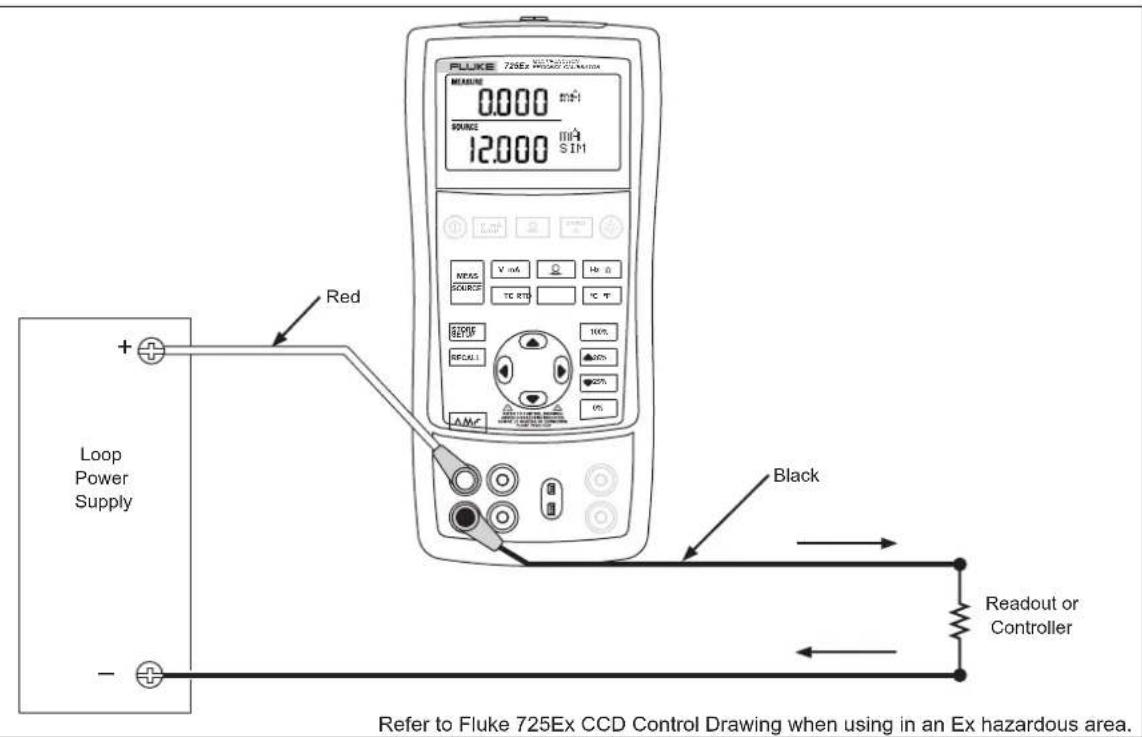 FLUKE 725Ex CCD Control 0.000 mH SOUND 12.000 mA SIM MEASURE 0.000 SOUND 12.000 SIM REAS V mA He 0 SOURCE TC RTB TC T RPM 100% RFCAL 400% AMC 200% Black Readout or Controller Refer to Fluke 725Ex CCD Control Drawing when using in an Ex hazardous area. Loop Power Supply + - -
