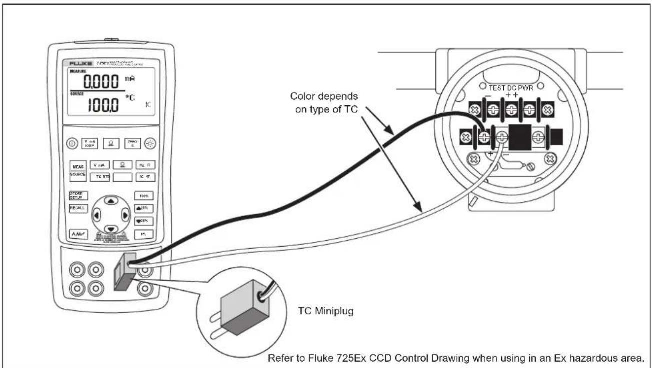 FLUKE 725Ex Control 0.000 mA SOURCE 100.0 °C K V mA LOOP NEAS V mA Hz II SOURCE TC RTB TC T# STORE SET UP HCC RECALL 40% A Am² 90% TC Miniplug Refer to Fluke 725Ex CCD Control Drawing when using in an Ex hazardous area. Color depends on type of TC TEST DC PWR + - + - TC Miniplug