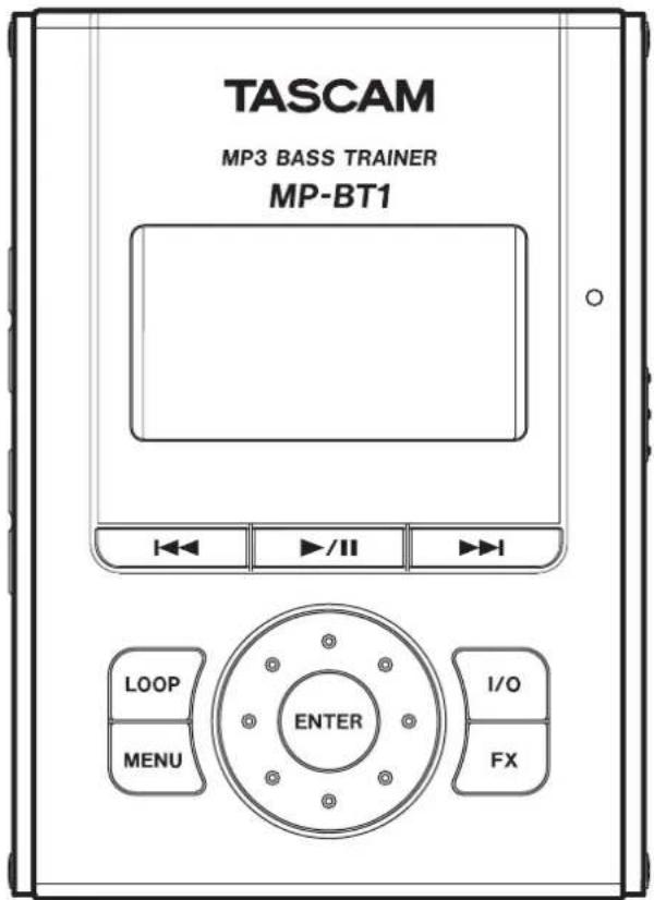 TASCAM MP3 BASS TRAINER MP-BT1 I< Wichtige Hinweise zu Ihrer Sicherheit - Lesen Sie diese Anleitung. - Bewahren Sie diese Anleitung gut auf und geben Sie das Gerät nur mit dieser Anleitung weiter. - Beachten Sie alle Warnhinweise. • Befolgen Sie alle Anweisungen. Bestimmungsgemäße Verwendung: \- Benutzen Sie das Gerät nur zu dem Zweck und auf die Weise, wie in dieser Anleitung beschrieben. Zum Schutz vor Sach- oder Personenschäden durch Stromschlag infolge Feuchtigkeit: - Betreiben Sie dieses Gerät nicht in unmittelbarer Nähe von Wasser, und stellen Sie es niemals so auf, dass es nass werden kann. - Stellen Sie niemals mit Flüssigkeit gefüllte Behälter (Vasen, Kaffeetassen usw.) auf dieses Gerät. - Reinigen Sie dieses Gerät nur mit einem trockenen Tuch. Zum Schutz vor Sach- oder Personenschäden durch Stromschlag oder ungeeignete Versorgungsspannung: - Öffnen Sie nicht das Gehäuse. - Verbinden Sie das Gerät nur dann mit dem Stromnetz, wenn die Angaben auf dem Gerät mit der örtlichen Netzspannung übereinstimmen. Fragen Sie im Zweifelsfall einen Elektrofachmann. - Wenn der mitgelieferte Netzstecker nicht in Ihre Steckdose passt, ziehen Sie einen Elektrofachmann zu Rate. - Unterbrechen Sie niemals den Schutzleiter des Netzsteckers und kleben Sie niemals den Schutzkontakt zu. - Wenn das Gerät über einen Wechselstromadapter mit dem Stromnetz verbunden werden muss: Verwenden Sie nur den mitgelieferten oder vom Hersteller empfohlene Wechselstromadapter. - Sorgen Sie dafür, dass das Netzkabel nicht gedehnt, gequetscht oder geknickt werden kann – insbesondere am Stecker und am Netzkabelausgang des Geräts – und verlegen Sie es so, dass man nicht darüber stolpern kann. - Ziehen Sie den Netzstecker bei Gewitter oder wenn Sie das Gerät längere Zeit nicht benutzen. Zum Schutz vor Sachschäden durch Überhitzung: - Versperren Sie niemals vorhandene Lüftungsöffnungen. - Stellen Sie das Gerät nicht in der Nähe von Hitze abstrahlenden Geräten (Heizlüfter, Öfen, Verstärker usw.) auf. - Stellen Sie dieses Gerät nicht an einem räumlich beengten Ort ohne Luftzirkulation auf. Zum Schutz vor Sach- oder Personenschäden durch falsches Zubehör: \- Verwenden Sie nur Zubehör oder Zubehörteile, die der Hersteller empfiehlt. Zum Schutz vor Folgeschäden durch mangelhafte Instandsetzung: \- Lassen Sie Wartungsarbeiten und Reparaturen nur vom qualifizierten Fachpersonal des Kundendienstes ausführen. Bringen Sie das Gerät zum Kundendienst, wenn es Regen oder Feuchtigkeit ausgesetzt war, wenn Flüssigkeit oder Fremdkörper hinein gelangt sind, wenn es heruntergefallen ist oder nicht normal funktioniert oder wenn das Netzkabel beschädigt ist. Zum Schutz vor Schäden durch Batterien: \- Explosionsgefahr! Batterien niemals hohen Temperaturen aussetzen (nicht auf Heizkörper oder in die Sonne legen und niemals in offenes Feuer werfen). Zum Schutz vor Hörschäden: \- Denken Sie immer daran: Hohe Lautstärkepegel können Ihr Gehör schädigen. Wichtige Hinweise zu Ihrer Sicherheit. . . . 2 1 – Bevor Sie loslegen .... 4 Mitgeliefertes Zubehör. 4 Hinweise zur Benutzung des Handbuchs .... 4 Geeignete Aufstellungsorte ..... 4 Stromversorgung 5 2 – Funktionen und Bedienelemente im Überblick 7 Geräteoberseite. 7 Gerätefront 7 Rechte Seite des Geräts 8 Linke Seite des Geräts 8 Geräterückseite 8 Die Statusseite des Displays ..... 9 3 – Kabelverbindungen herstellen und MP3- Dateien übertragen 11 Kopfhörer oder Lautsprecher anschließen . . 11 Eine Bassgitarre anschließen ..... 11 Den MP-BT1 mit einem Computer verbinden 12 Die Verbindung mit dem Computer trennen . 12 MP3-Dateien auf dem Computer erstellen .. 12 CD-Titel vom Computer auf den MP-BT1 übertragen 13 4 – Das Menü ..... 14 Das Menü im Überblick 14 Das Menü nutzen 14 5 – Titel auswählen und wiedergeben ..... 16 Grundlegende Wiedergabefunktionen.....16 Titel mithilfe der Displayseite BROWSE aufsuchen 16 Den Wiedergabebereich festlegen ..... 17 Die Wiedergabeliste nutzen. 18 Wiederholte Wiedergabe und Einzeltitelwiedergabe (PLAY MODE)....19 6 – Übungsfunktionen....20 Die Tonhöhe und das Tempo ändern. . . . . . 20 Bass-Hervorhebung (Bass Enhancement Effect – BEE) 21 Einen Abschnitt wiederholt wiedergeben (Loop-Wiedergabe) 21 Eine Bassgitarre zum Üben anschließen ... 22 Zur Wiedergabe von Titeln üben .....22 Das Metronom nutzen 22 7 – Die Effekte nutzen. 23 8 – Die Stimmfunktion nutzen ..... 24 Stimmfunktion im chromatischen Modus (AUTO) 24 Stimmfunktion im Bassmodus (BASS) ..... 24 Stimmfunktion im Oszillatormodus (OSC.) . . 24 9 – Einstellungen im Setup-Menü vornehmen 25 Geschwindigkeit des Suchlaufs ..... 25 Automatische Abschaltung 25 Automatisches Abschalten der Hintergrundbeleuchtung .... 25 Kontrast der Displaydarstellung ..... 25 Helligkeit der Hintergrundbeleuchtung ..... 25 Das Gerät zurücksetzen 25 Formatierung.... 26 10 – Verschiedene Informationen anzeigen ... 27 Dateinformationen (FILE) 27 Speicherinformationen (MEMORY).....27 Systeminformationen (SYSTEM) ..... 27 11 – Effektverzeichnis. 28 Effektvoreinstellungen 28 Parameter der Effektmodule 30 12 - Display-Meldungen 31 13 – Das Gerät umweltgerecht entsorgen .... 32 Den Akku ausbauen 32 14 - Technische Daten 33 Eingänge und Ausgänge. 33 Leistungsdaten Audio 33 Unterstütztes MP3-Format 33 Sonstige Daten 33 Minimale Systemvoraussetzungen ..... 33 Automatisch gespeicherte Einstellungen ... 33 Maßzeichnung.... 34 1 – Bevor Sie loslegen Vielen Dank, dass Sie sich für den portablen MP3-Basstrainer MP-BT1 von Tascam entschieden haben. Bitte lesen Sie sich dieses Benutzerhandbuch sorgfältig durch, bevor Sie das Gerät in Betrieb nehmen. So ist sichergestellt, dass Ihnen keine der zahlreichen Funktionen entgeht. Wir hoffen, dass Ihnen dieser Basstrainer viele Jahre lang Freude bereiten wird. Der MP-BT1 ist ein MP3-Player (Speicherkapazität 1 Gigabyte), der eigens für das Üben mit einer Bassgitarre entworfen wurde. Wenn Sie ein Stück nach- spielen möchten, das Ihnen zu schwierig erscheint, um es bei normaler Geschwindigkeit nach Gehör zu erlernen, können Sie es mit vermindertem Tempo wiederholt wiedergeben, um die Musik so eingehend zu studieren. Zudem haben Sie die Möglichkeit, den Klang Ihrer Bassgitarre mit den eingebauten Effekten zu verfeinern, während Sie zur Musik spielen. Übertragen Sie die Musik von Audio-CDs oder anderen Quellen einfach mithilfe Ihres Computers im MP3-Format auf den MP-BT1. Mitgeliefertes Zubehör Neben diesem Handbuch gehören die folgenden Teile zum Lieferumfang: - Kurzanleitung • USB-Kabel (Mini-B-Stecker) - Garantiekarte Sollte eines dieser Teile fehlen, wenden Sie sich an den Händler, bei dem Sie das Gerät gekauft haben. Eventuell vorhandene Transportschäden müssen Sie bei Ihrem Paketdienst/Spediteur geltend machen. Tipp Für einen eventuellen Versand des Geräts empfehlen wir Ihnen, die Verpackung aufzubewahren. Hinweise zur Benutzung des Handbuchs In diesem Handbuch verwenden wir die folgenden Schriftbilder und Schreibweisen: Die Bedienelemente des MP-BT1 werden wie folgt dargestellt: MENU. Meldungen auf dem Display des MP-BT1 werden wie folgt dargestellt: Are you sure? Unveränderliche Displayzeichen werden wie folgt dargestellt: VSA. VORSICHT Mit „Vorsicht“ gekennzeichnete Abschnitte weisen auf Situationen hin, die Sachschäden oder körperliche Schäden zur Folge haben können. Wichtig Mit „Wichtig“ gekennzeichnete Abschnitte informieren über Besonderheiten, die für den ordnungsgemäßen Betrieb unerlässlich sind. Anmerkung Solche Anmerkungen enthalten zusätzliche Informationen, die besonders erwähnenswert sind. Tipp Tipps sind Hinweise, die den Umgang mit dem Gerät vereinfachen oder zu sonstigen Erleichterungen führen. Geeignete Aufstellungsorte Der MP-BT1 kann in den meisten Umgebungen betrieben werden. Um eine größtmögliche Lebensdauer und einwandfreien Betrieb zu gewährleisten, sollten Sie jedoch die folgenden Punkte beachten: - Setzen Sie ihn möglichst nicht extremen Temperaturen oder hoher Luftfeuchtigkeit aus, und vermeiden Sie Stöße und Vibrationen. - Halten Sie das Gerät von starken Magnetfeldern fern (Fernsehgeräten, Computermonitoren, größeren Elektromotoren usw.). - Umgebungstemperatur: zwischen 0 °C und 40 °C. - Relative Luftfeuchte: zwischen 30 % und 80 %. - Stellen Sie das Gerät nicht auf ein anderes, Wärme abgebendes Gerät (z. B. einen Verstärker). - Bei Verwendung des optionalen Wechselstrom-adapters: Achten Sie darauf, dass die auf dem Gerät angegebene Spannung mit Ihrer örtlichen Netzspannung übereinstimmt. Fragen Sie im Zweifelsfall einen Elektrofachmann. Kondensation vermeiden Wenn Sie das Gerät aus einer kalten Umgebung in eine warme Umgebung bringen, besteht die Gefahr, dass sich Kondenswasser bildet. Kondenswasser im Geräteinneren kann Fehlfunktionen hervorrufen. Um dies zu vermeiden, lassen Sie das Gerät ein bis zwei Stunden stehen, bevor Sie es einschalten. Stromversorgung Der eingebaute Lithium-Ionen-Akku wird geladen, wenn Sie den MP-BT1 über das mitgelieferte USB-Kabel mit einem Computer verbinden. Sie können auch einen separat erhältlichen Wechselstromadapter verwenden, um das Gerät mit Strom zu versorgen, und um den Akku zu laden. Bei fabrikneuem Akku reicht eine Akkuladung für ungefähr acht Stunden Betrieb. Anmerkung Der Akku ist ab Werk nicht vollständig geladen. Laden Sie ihn bitte vor dem ersten Gebrauch oder nutzen Sie den MP-BT1 zusammen mit dem optionalen Wechselstromadapter. Den Akku mithilfe eines Computers aufladen Um den Akku über einen Computer zu laden, verbinden Sie den MP-BT1 mittels des mitgelieferten USB-Kabels mit dem Computer und schalten Sie den Computer ein. Verbinden Sie den MP-BT1 direkt mit dem Computer. Wenn Sie den MP-BT1 über einen USB-Hub an den Computer anschließen, wird der Akku möglicherweise nicht geladen. Der Ladevorgang dauert ungefähr sechs Stunden (bei ausgeschaltetem MP-BT1). Wenn Sie den MP-BT1 während des Ladens einschalten, wird er vom Computer automatisch als USB-Wechseldatenträger erkannt. Näheres hierzu siehe „Den MP-BT1 mit einem Computer verbinden“ auf S. 12. Den Akku mithilfe des Wechselstromadapters PS-P520 aufladen Verbinden Sie den Wechselstromadapter mit der DC IN 5V-Buchse des MP-BT1 und stecken Sie ihn in eine Steckdose. Der Ladevorgang dauert etwa drei Stunden. Sie können den MP-BT1 nutzen, während der Akku aufgeladen wird. Ob der MP-BT1 ein- oder ausgeschaltet ist, hat auf die Dauer des Ladevorgangs keinen Einfluss. Tipp Der Ladezustand des Akkus wird durch ein Lämpchen rechts neben dem Display angezeigt. Es leuchtet während des Ladens orange und erlischt, sobald der Akku voll ist. ![](images/c6c1dc46f487e0b649d821d384fe520f582c36fa6b6484789c945e7cb02e0449.jpg) text_image TASCAM MP3 BASS TRAINER MP-BT1 Batterie- anzeige