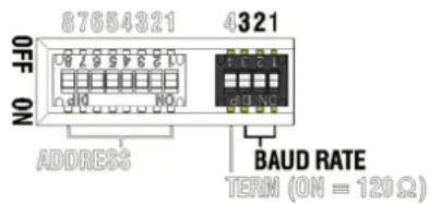 87654321 4321 OFF ON ADDRESS BAUD RATE TERM (ON = 120 Ω)