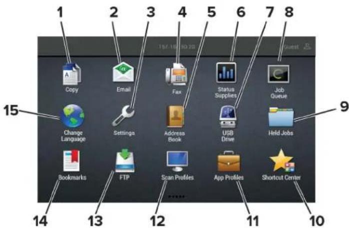 1 2 3 4 5 6 7 8 15 14 13 12 11 10 Copy Email Fax Status Supplies Job Queue Change Language Settings Address Book USB Drive Held Jobs Bookmarks FTP Scan Profiles App Profiles Shortcut Center