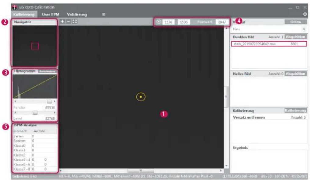 LG DXD Calibration Kallbrierung User BPM Validierung EI Navigator 1536 1536 Partwork: 8947 Vital Offens Neu Dunkles Bild Anzahl: 1 Akquisition dark_20190722094642.raw 8901 Histogram Histogram Function 65536 Level 32768 BP M-Analyve Element Anzahl Zelen 0 Spalton 0 Klasse0 0 Klasse3 0 Klasse2 0 Klasse2-4 0. 0 Klasse3-6 0. 0 Klasse7-8 0. 0 Gebinderungs Bild MI=0, Max=48246, Mittel=8801, Mittelwert=696185, Std=1092.25, Anzahl für Nanotaher Post=0 (0.776,1295) 168=8628 88=33 100.00% 3073/3073 Kalibrierung Kallbrierung Versatz entfernen Anzahl: 0 Ergebnis