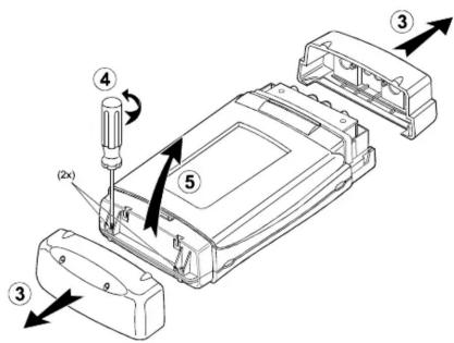 Technical diagram of a device housing assembly with numbered components and directional arrows indicating assembly steps.