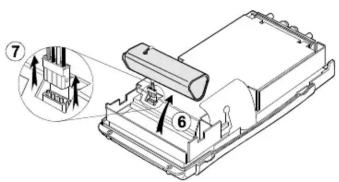 Technical diagram of a mechanical assembly with numbered components and an inset detail view labeled ⑦