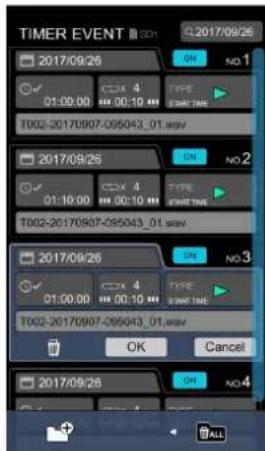 TIMER EVENT 2017/09/26 ON NO 1 CDX 4 TYPE 01:00:00 MM 00:10 MM SWE TIME T002-20170907-095043_01.wav ON NO 2 CDX 4 TYPE 01:10:00 MM 00:10 MM SWE TIME T002-20170907-095043_01.wav ON NO 3 CDX 4 TYPE 01:00:00 MM 00:10 MM SWE TIME T002-20170907-095043_01.wav OK Cancel 2017/09/26 ON NO 4