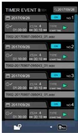 TIMER EVENT 2017/09/26 ON NO 1 01:00:00 CCK 4 TYPE 00:10:00 HH 00:10 HH START TIME T002-20170907-095043_01.wav ON NO 2 01:10:00 CCK 4 TYPE 00:10:00 HH 00:10 HH START TIME T002-20170907-095043_01.wav ON NO 3 01:20:00 CCK 4 TYPE 00:20:00 HH 00:10 HH START TIME T002-20170907-095043_01.wav ON NO 4 01:30:00 CCK 4 TYPE 00:30:00 HH 00:10 HH START TIME + ALL