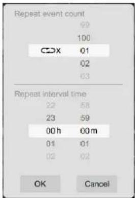Repeat event count 99 100 CDX 01 02 03 Repeat interval time 22 58 23 59 00h 00m 01 01 02 02 OK Cancel