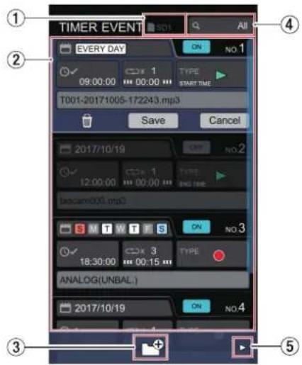 TIMER EVENT EVERY DAY 09:00:00 1 TYPE START TIME T001-20171005-172243.mp3 Save Cancel 2017/10/19 OFF NO.2 12:00:00 TYPE ING TIME Iscam003.mp3 S M T W S D N NO.3 18:30:00 CDX 3 TYPE ANALOG(UNBAL.) 2017/10/19 D N NO.4 ① ② ③ ④ ⑤