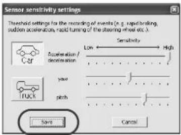 Sensor sensitivity settings Threshold settings for the recording of events (e.g., rapid braking, sudden acceleration, rapid turning of the clearing wheel etc.). Car Acceleration / deceleration Low High yout pitch Solve Cancel