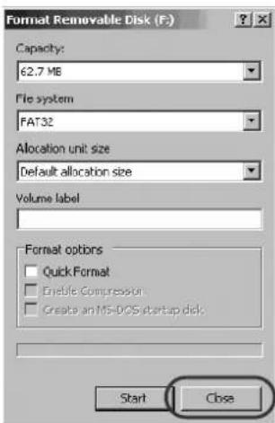 Format Removable Disk (F) Capacity: 62.7 MB File system FAT32 Allocation unit size Default allocation size Volume label Format options Quick Format Enable Compression Create an MS-DCS startup disk Start Close
