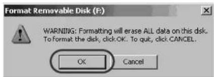 Format Removable Disk (F:) WARNING: Formatting will erase ALL data on this disk. To format the disk, click OK. To quit, click CANCEL. OK Cancel