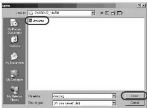 Open Look in: SW/800122_144501 My Recent Documents Desktops My Documents My Computer My Network Places File name: dropeg Files of type: DFI data format(".dat) Open Cancel