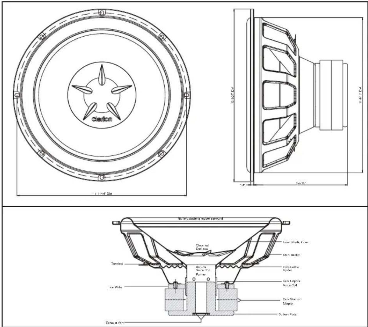 CLARION SW1251 - Single Voice Coil 12" Subwoofer - 1