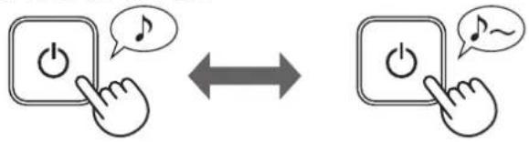 Diagram showing two hand icons interacting with a power button, one emitting a musical note and the other using a music note.