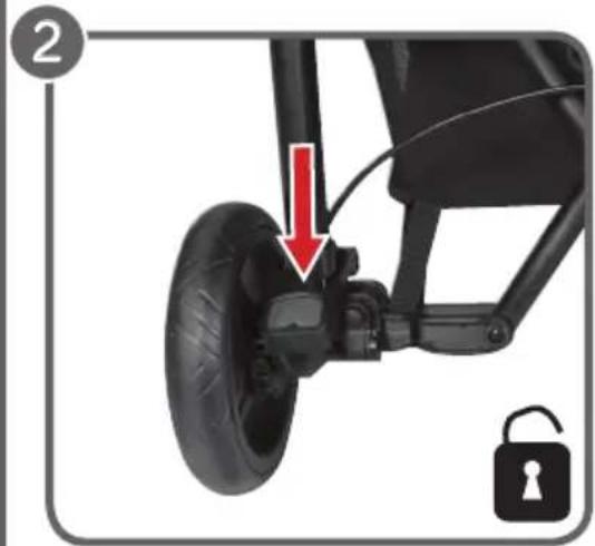 Close-up of a bicycle's wheel assembly with a red arrow indicating the wheel's center and lock icon (no text or symbols)