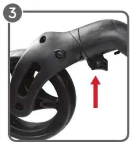 Close-up of a black electric scooter handle and wheel with a red upward arrow indicating motion (no text or symbols)
