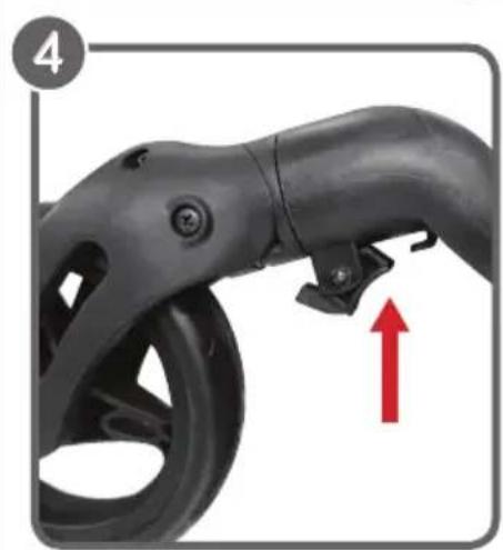 Close-up of a black electric scooter handle with a red upward arrow indicating motion (no text or symbols)