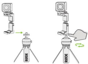 Diagram showing two experimental setups with a tripod-mounted device and a camera, labeled 'RODE' at the base.