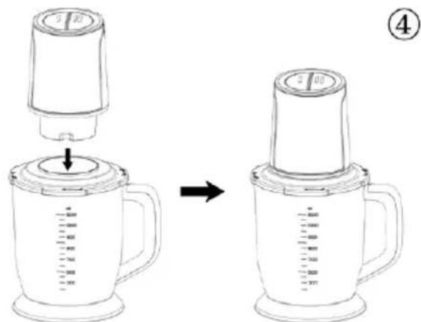 Diagram showing a blender being filled with liquid, labeled with step number 4 and measurement markings.
