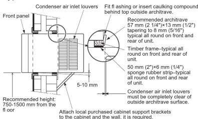 Condenser air inlet louvers Fit fit ashing or insert caulking compound behind top outside architrave. Recommended architrave 57 mm (2 1/4")×13 mm (1/2") tapering to 8 mm (5/16") typical all round on front and rear of unit. Timber frame—typical all round on front and rear of unit. 50 mm (2")×6 mm (1/4") sponge rubber strip—typical all round on front and rear of unit. Condenser air inlet louvers must be completely clear of outside architrave surface. Recommended height: 750-1500 mm from the floor Attach local purchased cabinet support brackets to the cabinet and the wall, it is required.