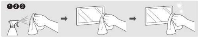 Illustration showing three-step cleaning process: spray bottle, tablet screen, and screen with light effect