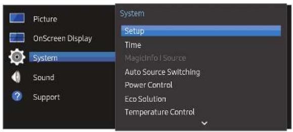 Picture OnScreen Display System Sound Support System Setup Time MagicInfo Source Auto Source Switching Power Control Eco Solution Temperature Control