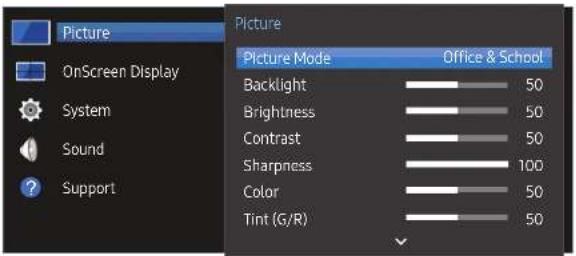 Picture OnScreen Display System Sound Support Picture Picture Mode Office & School Backlight 50 Brightness 50 Contrast 50 Sharpness 100 Color 50 Tint (G/R) 50